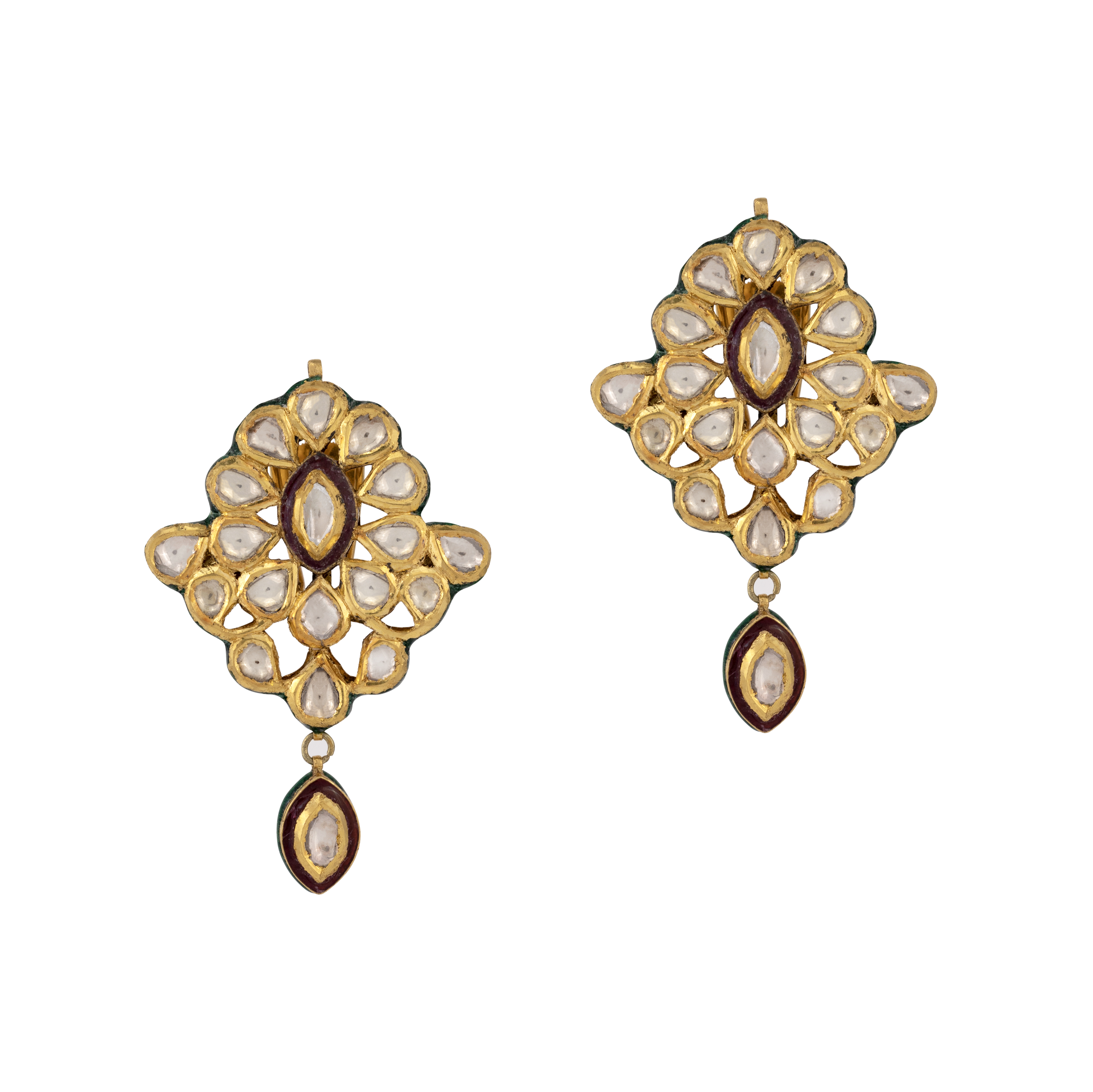 Floral Polki Earrings with Green and Red Meenakari